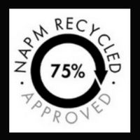 “NAPM Recycled 75% Approved certification seal for environmentally friendly paper products.”