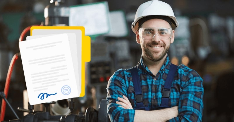 A worker wearing a white helmet and blue shirt is standing with a Method Statement document.